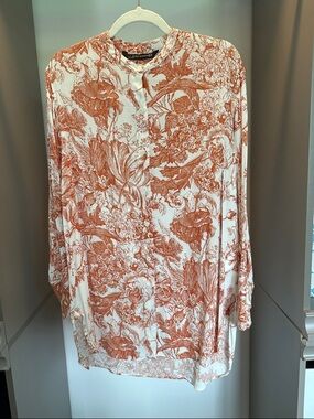 Zara White and Rust orange Floral toille Button-Front Blouse